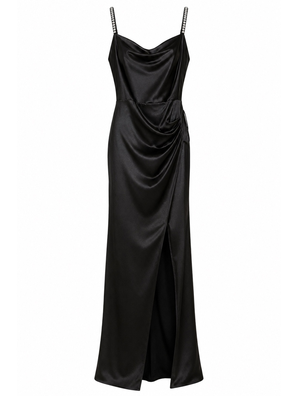 NWT Honey and Rosie Black Ruched Satin Maxi with Pearl Strap